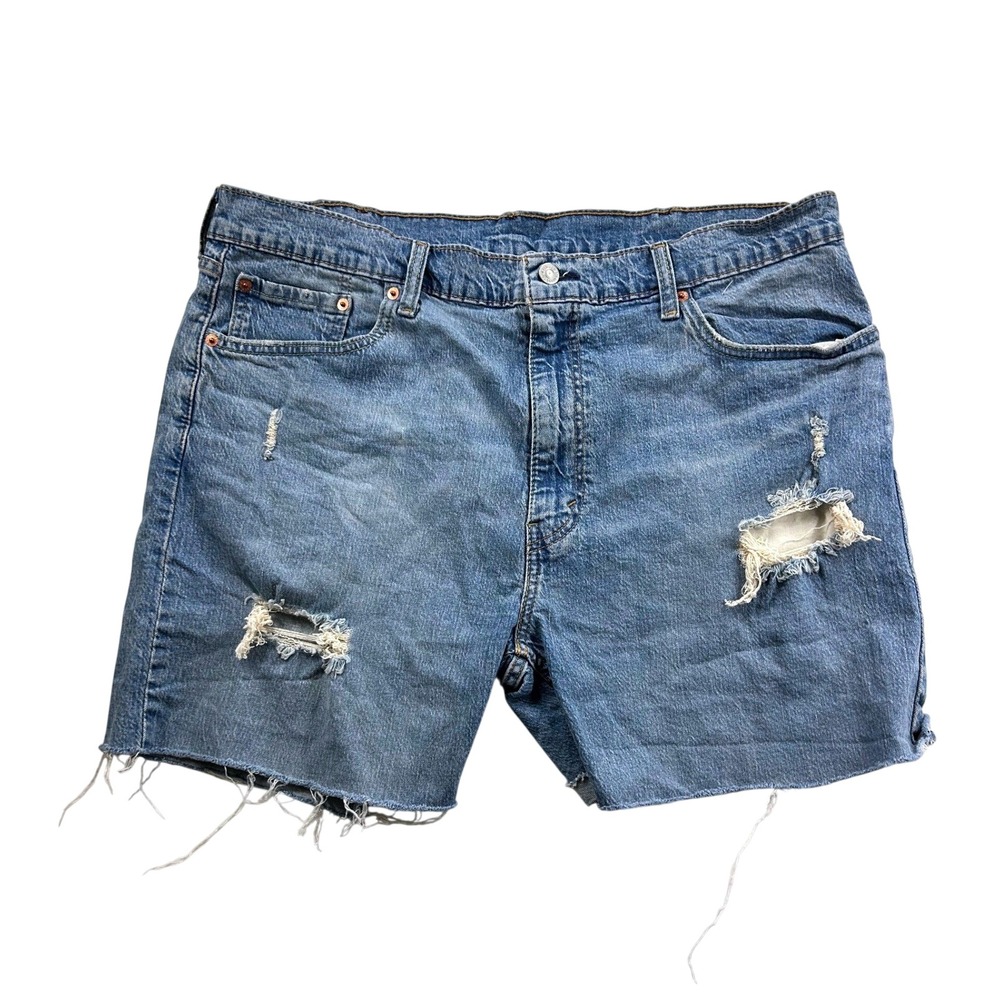 Levis 405 Standard Fit Distressed Denim Shorts Mens 40 Blue Cut Off Frayed Hem
